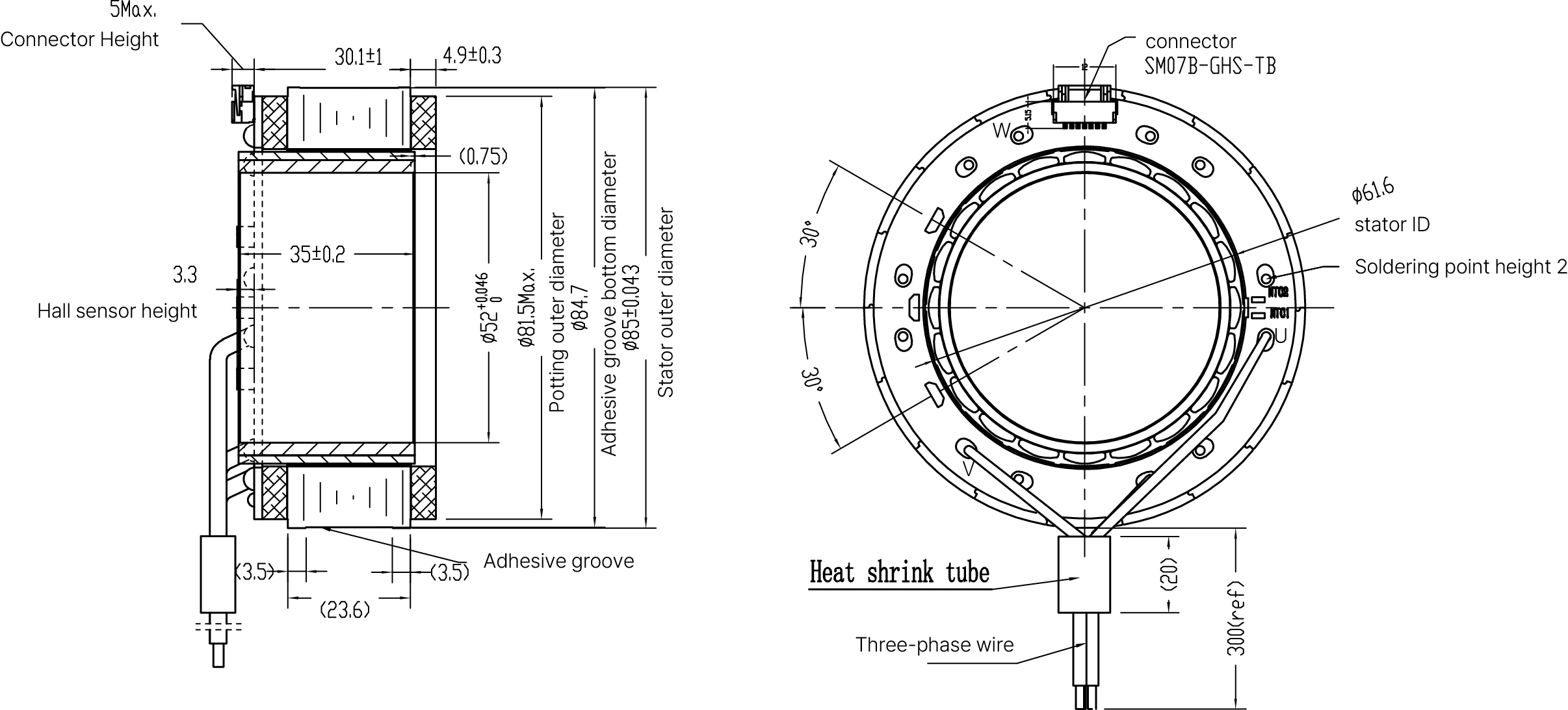 Frameless Motor Size 50mm Dimensional Drawing